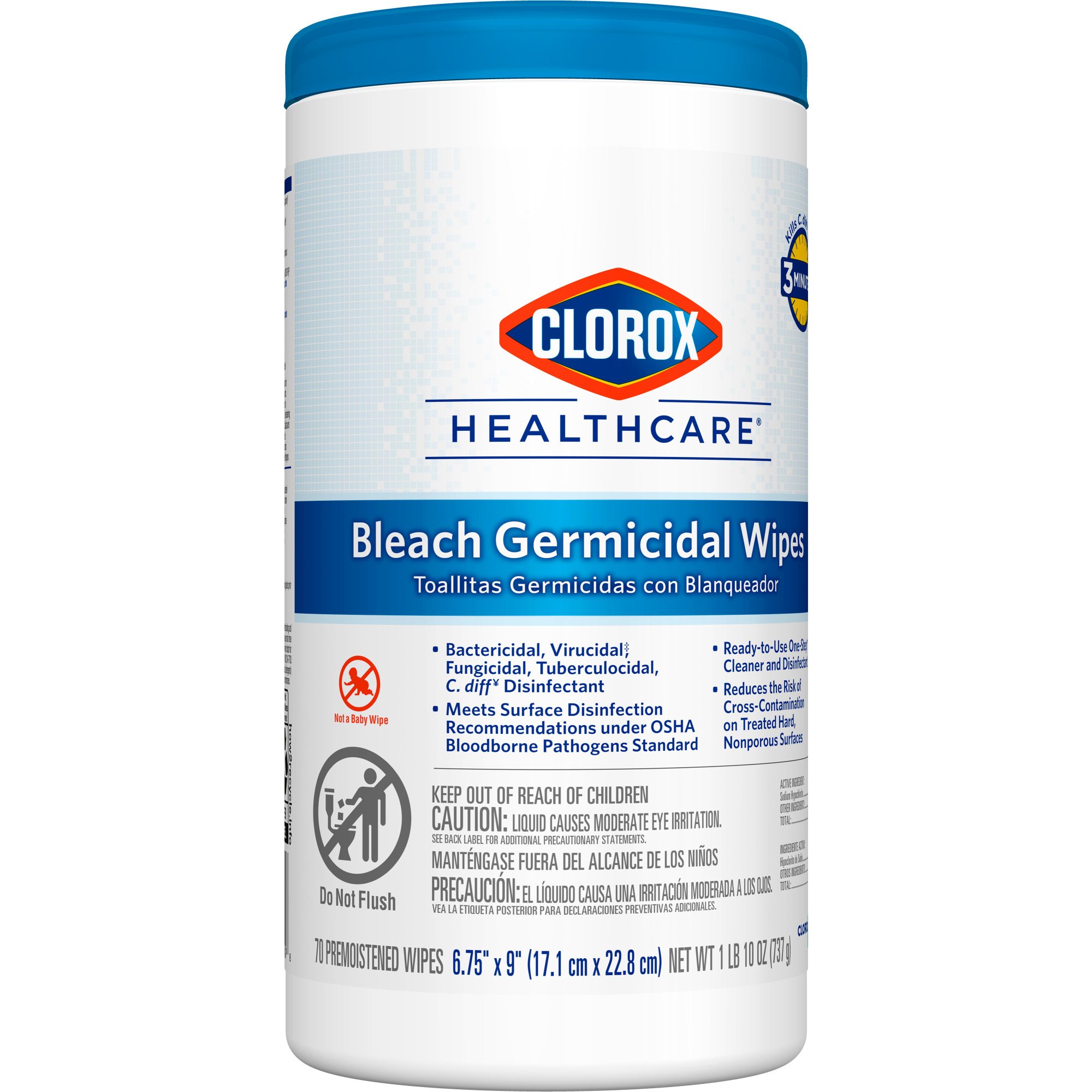 Clorox Healthcare Bleach Germicidal Wipes, Canister, 70 ct. MK 687407