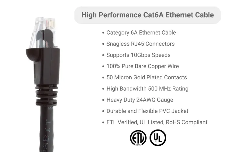 Cat6A Ethernet Patch Cable, Half-moon Boot, UTP, 2 ft, Black