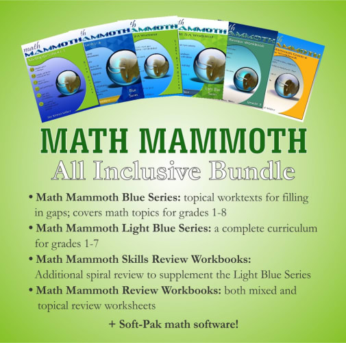 Math Mammoth All Inclusive Bundle:  Blue / Light Blue / Skills Review / Review Workbooks CD