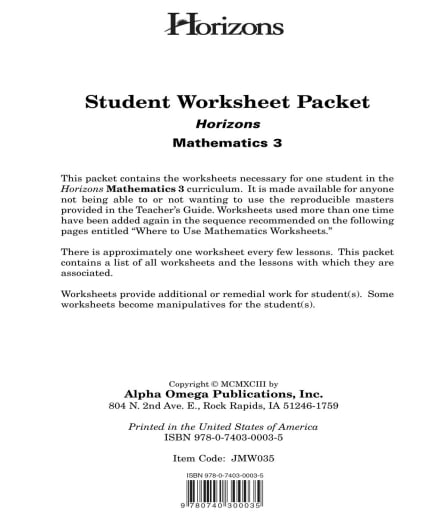 Horizons Math 3 Worksheet Packet