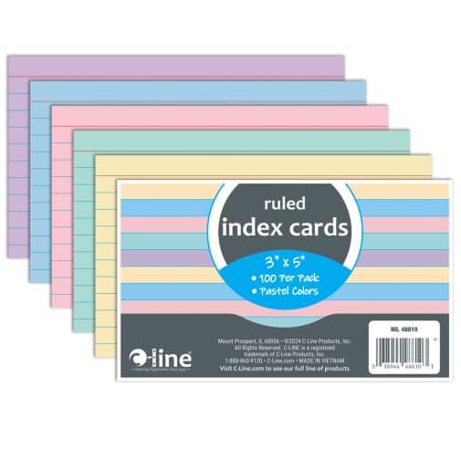 Ruled Index Cards (3" x 5") Assorted Colors - 100 count