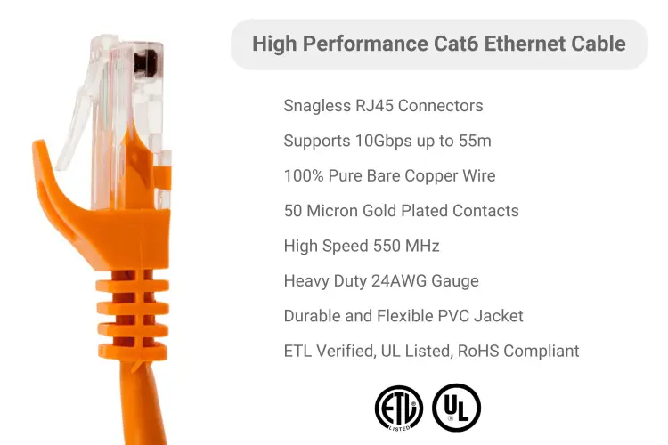 Cat6 Ethernet Patch Cable, Snagless, UTP, 1 ft, Orange
