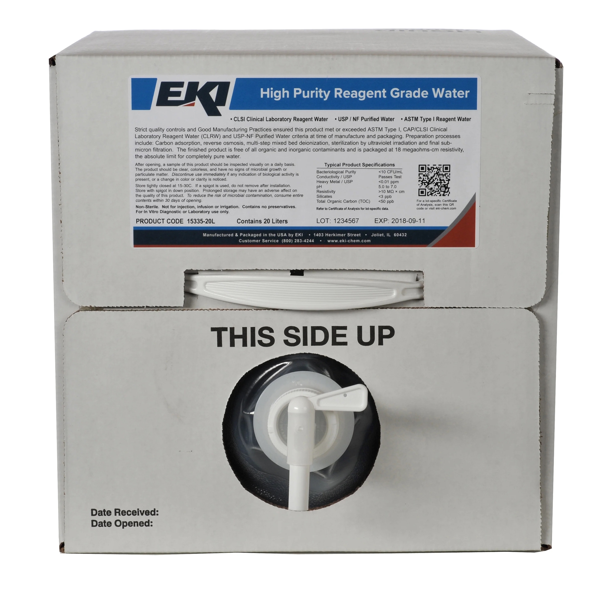 Ek Industries Inc Deionized Water Chemistry Reagent, 20 Liter Cubitainer MK 940736