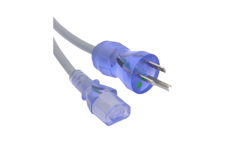 15Ft Hospital Grade Power Cord – NEMA 5-15P to IEC C13, SJT 18/3 AWG, Clear Blue Plug, Gray Jacket