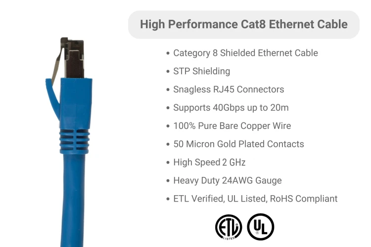 CAT8 Shielded Ethernet Patch Cable, 40Gbps, Snagless, 1 ft, Blue CAT8 Shielded Ethernet Patch Cable, 40Gbps, Snagless, 1 ft, Blue