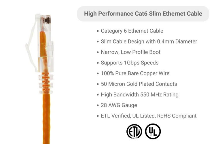 Cat6 Slim Ethernet Patch Cable, Snagless, 10 ft, Orange