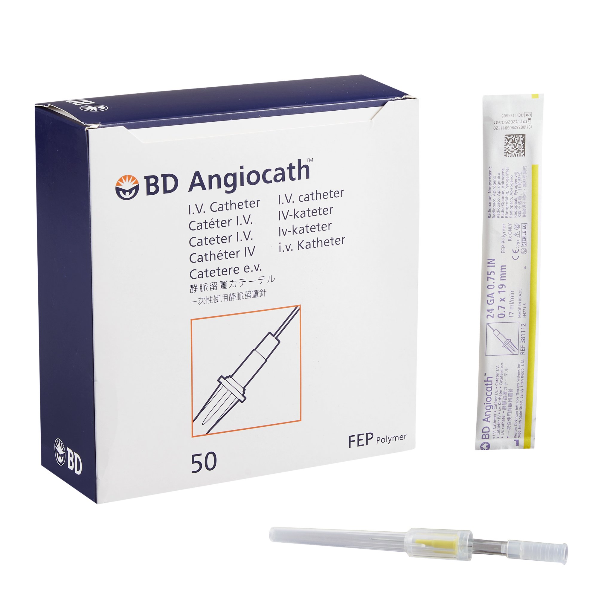 Peripheral IV Catheter Angiocath 24 Gauge 3/4 Inch FEP Polymer Straight Hub Non Blood Control Non-Safety MK 329826