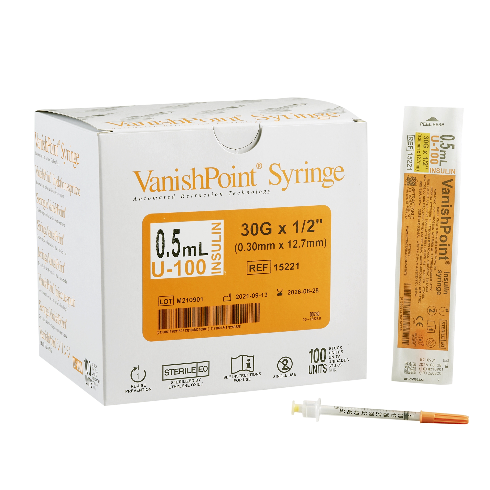 VanishPoint 0.5 mL Insulin Syringe w/ Needle, 30 Gauge, 1/2 Inch Needle Length MK 666134