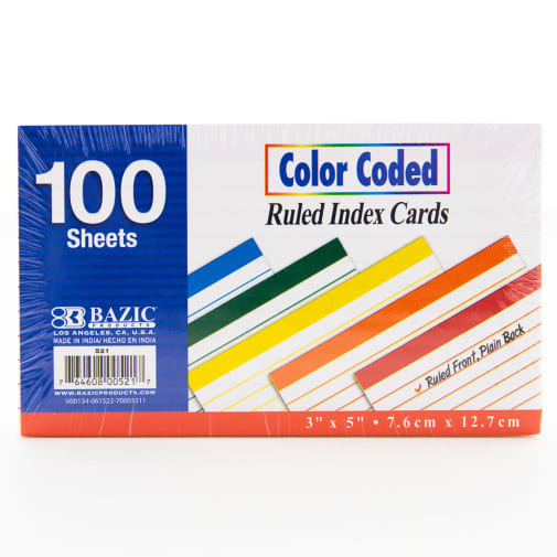 Ruled Color Coded Index Cards (3" x 5") 100 count