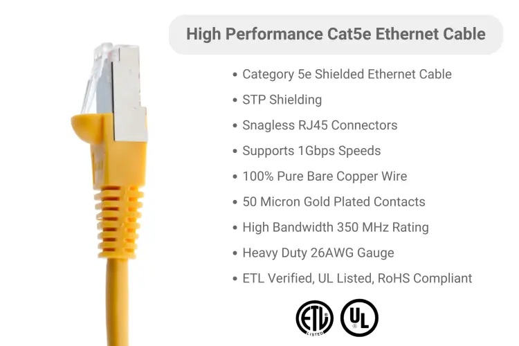 Cat5e Shielded Ethernet Patch Cable, Half-moon Boot, 2 ft, Yellow