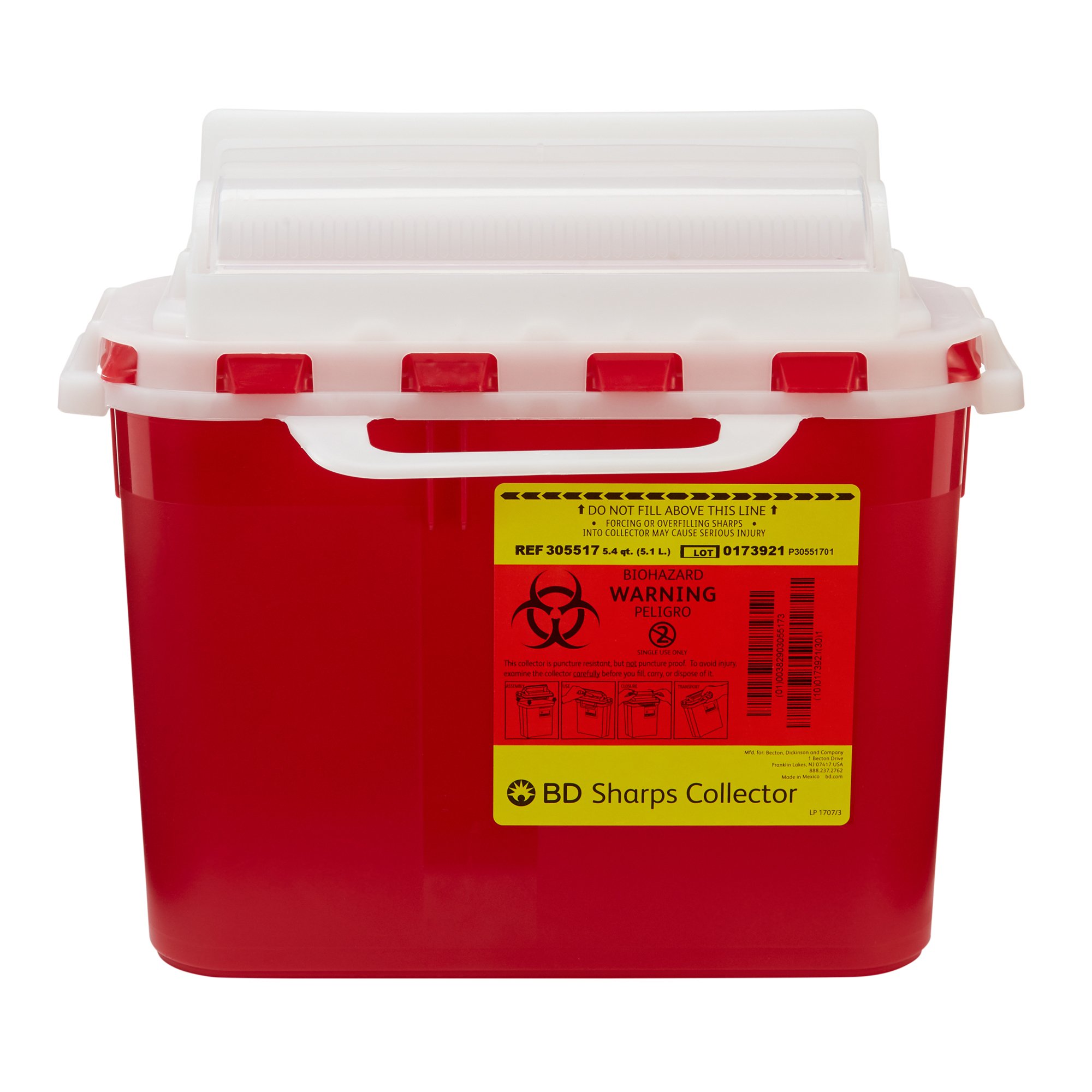 BD Sharps Container, 5.4 Quart, 12 x 12 x 4-4/5 Inch MK 371481