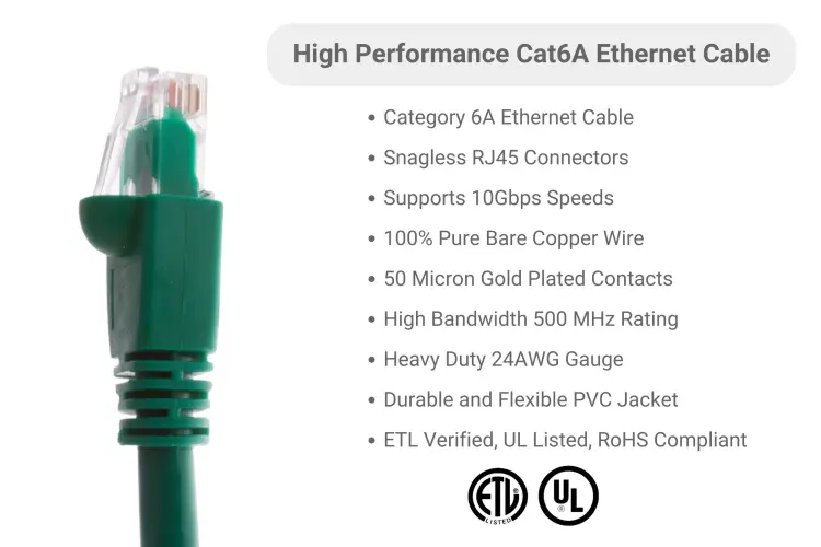 Cat6A Ethernet Patch Cable, Half-moon Boot, UTP, 1 ft, Green