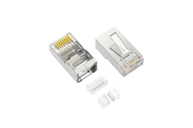 RJ45 Cat6A Shielded Modular Plug for Stranded Cable, 3PC Type, 50 Micron Gold Contacts – 100-Pack