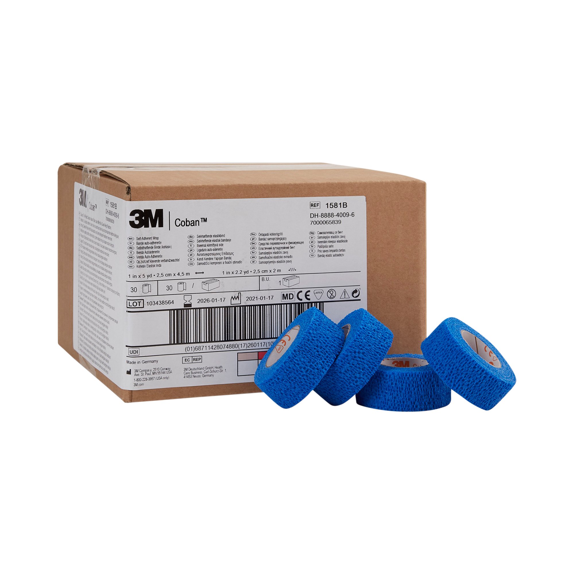 3M Coban Self-adherent Closure Cohesive Bandage, 1 Inch x 5 Yard, Blue MK 222000