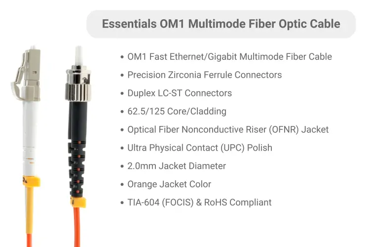 LC to ST Multimode Duplex 62.5/125 OM1 UPC Fiber Patch Cable, 1 Meter