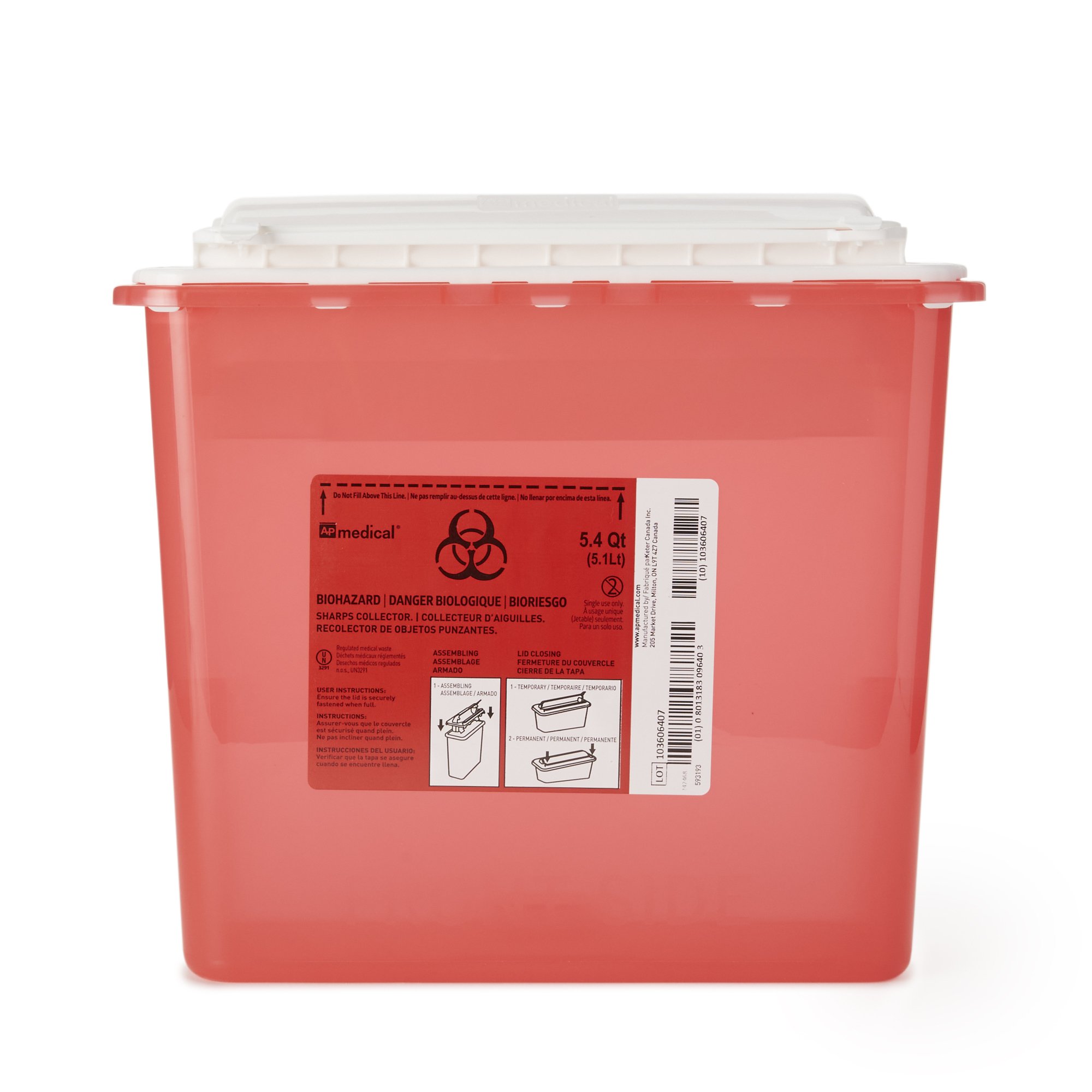 AP Line Biohazard Waste Container, 5.4 Quart, 12 x 4 x 10-4/5 Inch MK 907238