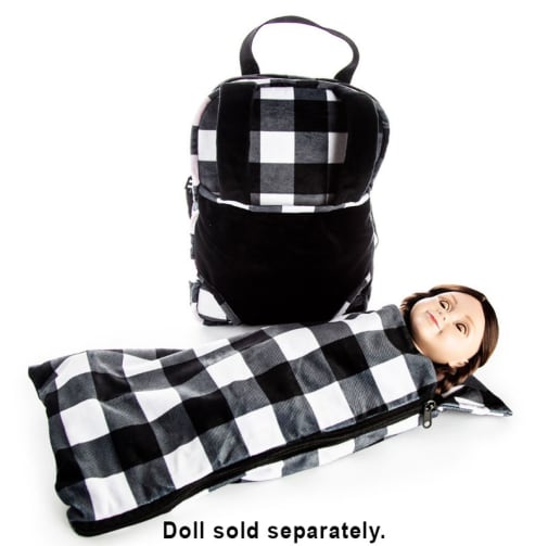 Child Size Black and White Doll Carrier Backpack with Sleeping Bag for 18 Inch Dolls