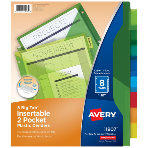 Avery Insertable Big Tab Plastic 2-Pocket Dividers, 8 Tab, 11.13" x 9.25", Assorted