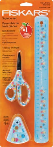 Fiskars Designer 3-piece set: Ice Cream (Pointed-tip 5" Kids Scissors, Ruler, Flip Sharpener)