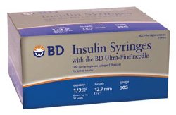 Standard Insulin Syringe with Needle Ultra-Fine 0.5 mL 1/2 Inch 30 Gauge NonSafety Regular Wall MK 1030269