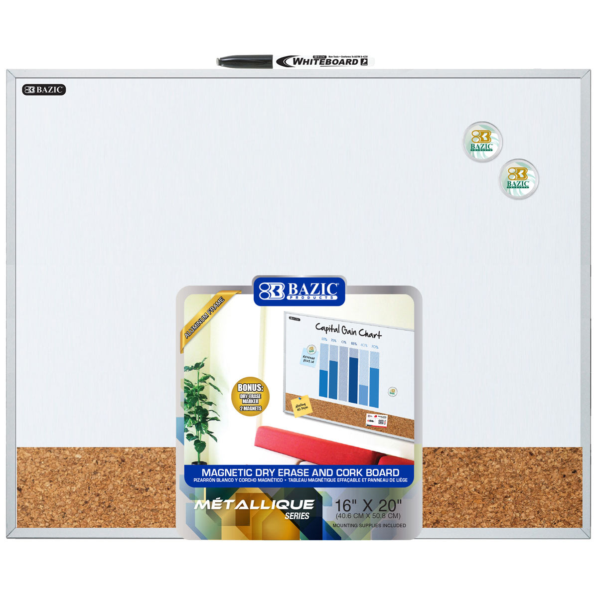 Aluminum Framed Magnetic Dry Erase/Cork Combo Board 16"x20"