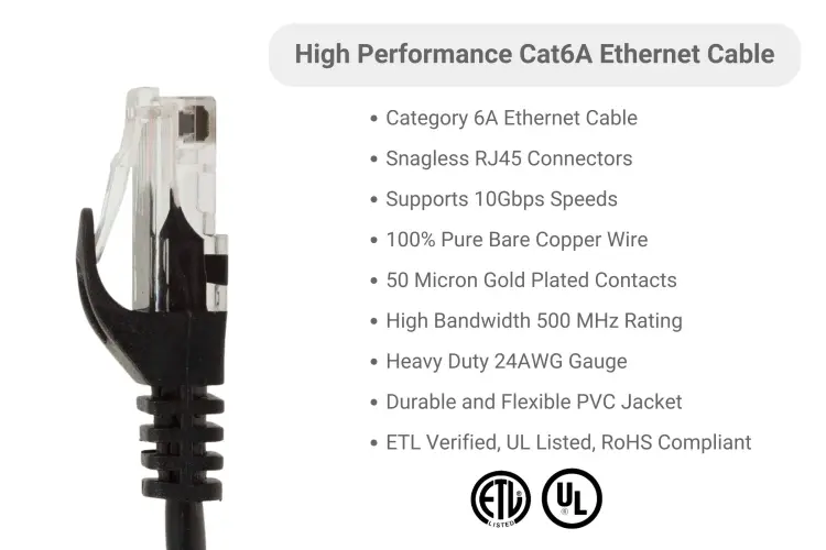 Cat6A Ethernet Patch Cables, Snagless, UTP, 1 ft, Black