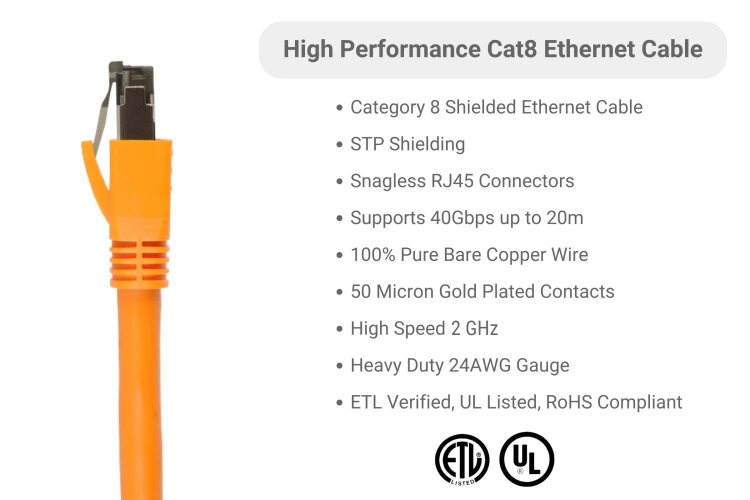 CAT8 Shielded Ethernet Patch Cable, 40Gbps, Snagless, 5 ft, Orange CAT8 Shielded Ethernet Patch Cable, 40Gbps, Snagless, 5 ft, Orange
