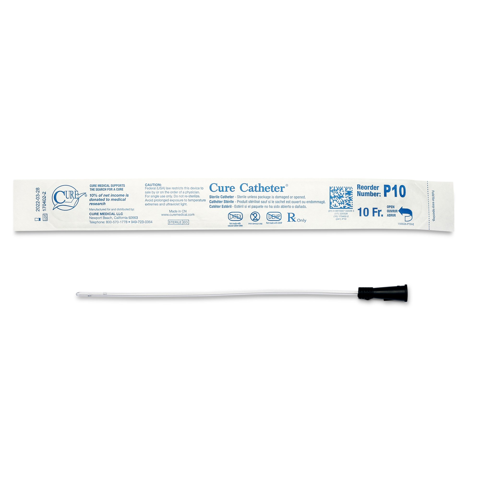 Cure Catheter Urethral Catheter, 10 Fr., Unisex, Straight MK 834668