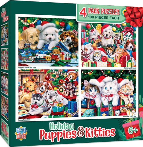 Holiday Puppies & Kitties 4 pack Jigsaw Puzzles (100 Pieces Each)