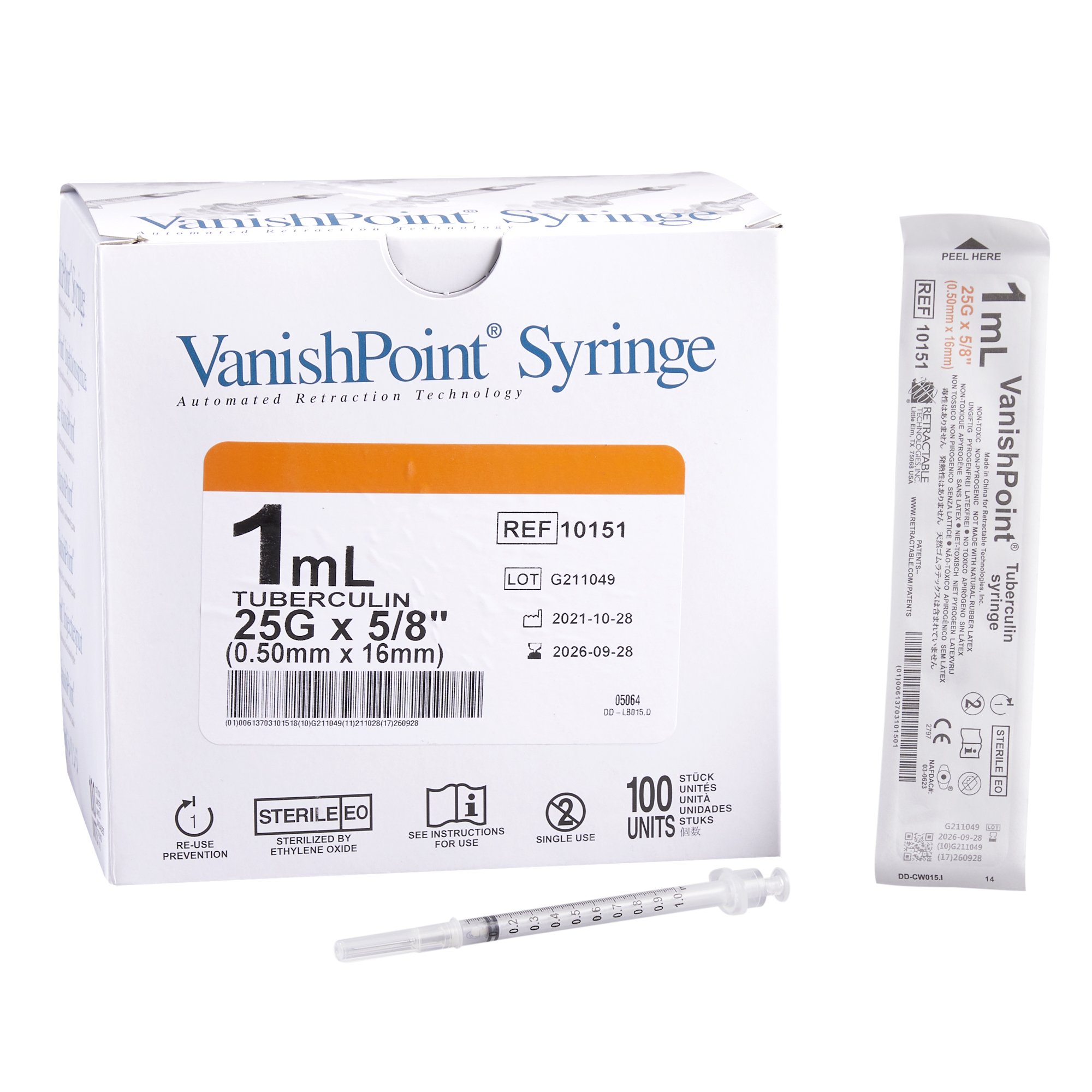 VanishPoint 1 mL Tuberculin Syringe w/ Needle, 25 Gauge, 5/8 Inch Needle Length MK 417952