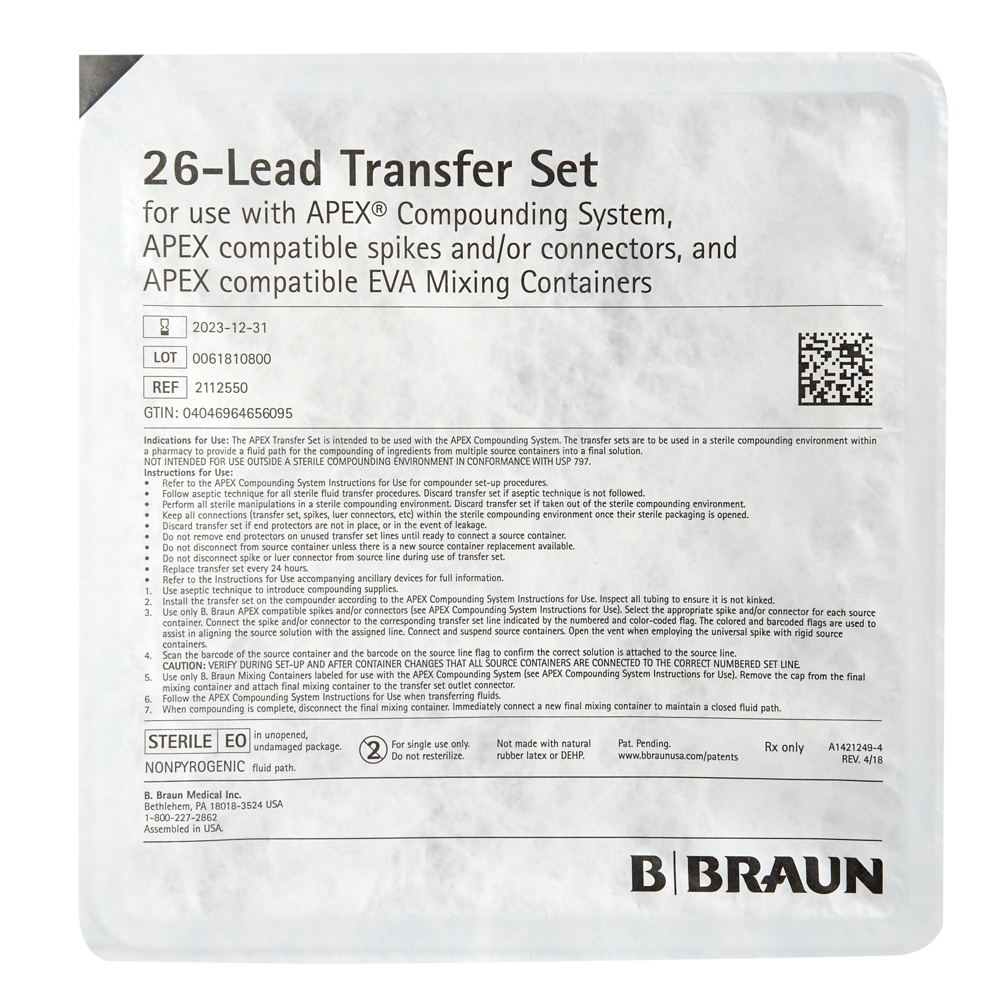 B. Braun Apex Transfer Set for use with Apex Compounding System MK 1020985