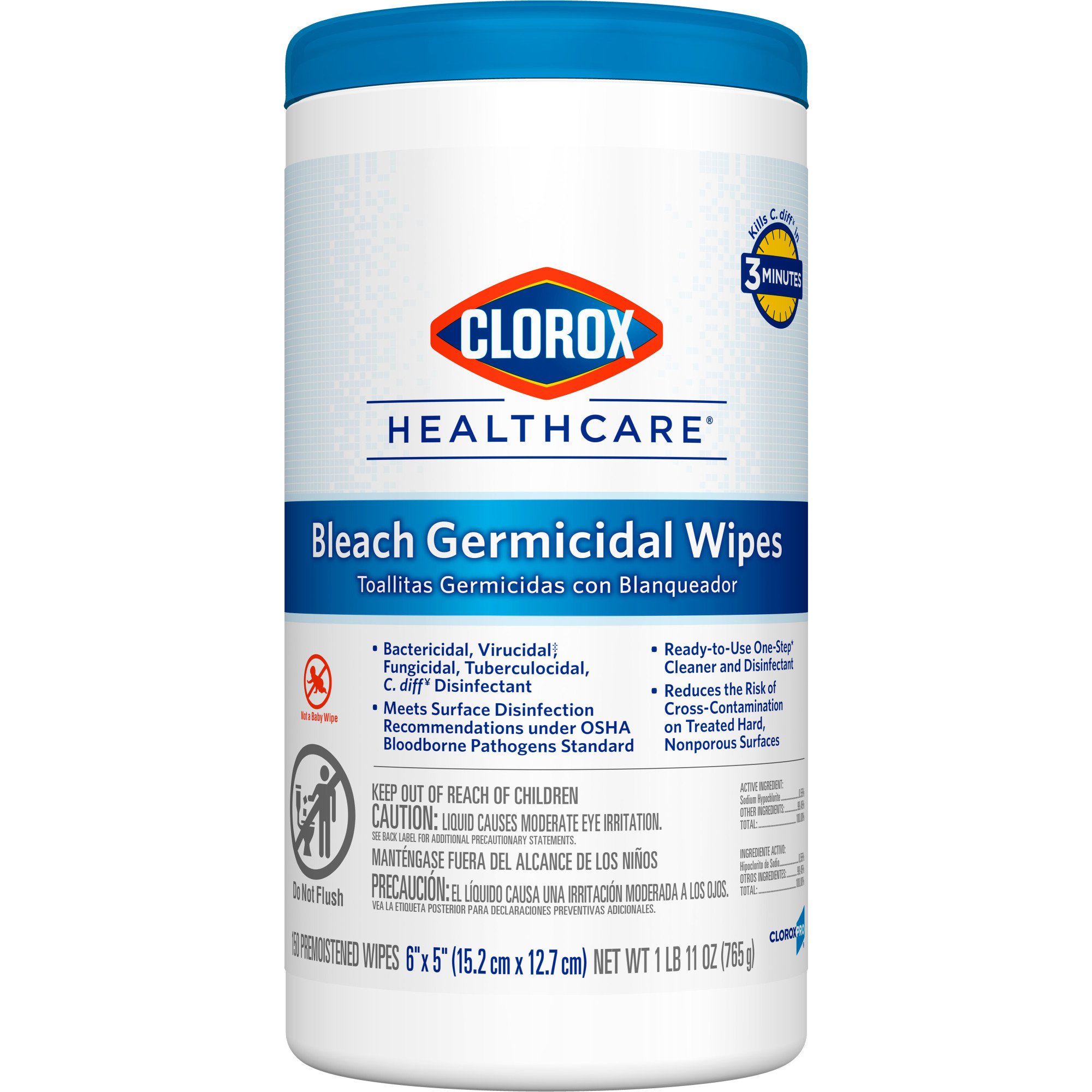 Clorox Healthcare Bleach Germicidal Wipes, Canister, 150 ct. MK 726380