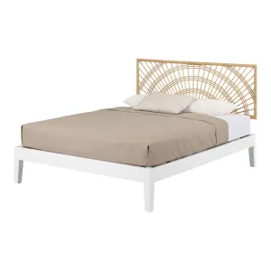 Wooden Bed and Rattan Wall-Mounted Sunrise Headboard Set