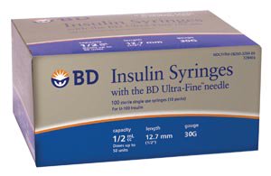 Standard Insulin Syringe with Needle Ultra-Fine 0.5 mL 1/2 Inch 30 Gauge NonSafety Regular Wall MK 1030269