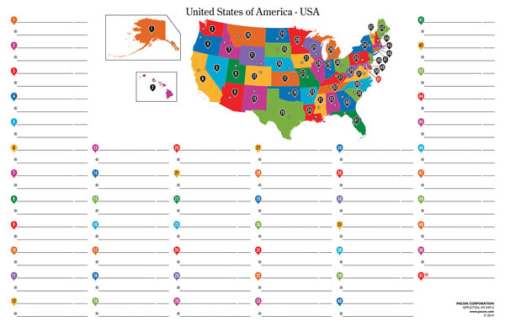 US Map, Color, Dry Erase, 2-sided, 11"x17"