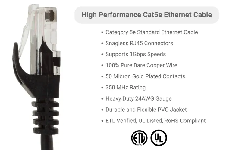 Cat5e Ethernet Patch Cable, Snagless, UTP, 5 ft, Black