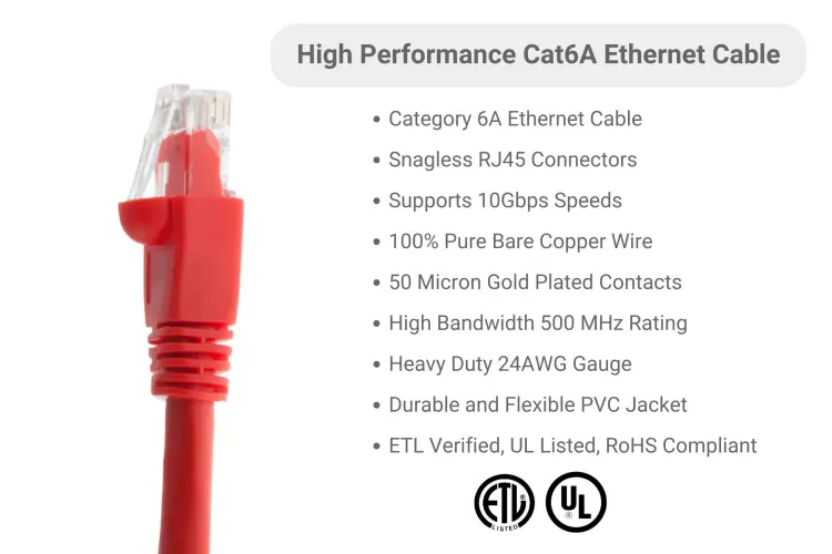 CAT6A Ethernet Patch Cable, Half-moon Boot, UTP, 2ft, Red