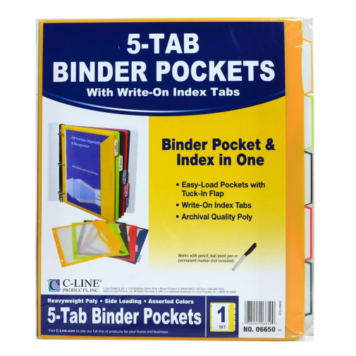 Binder Pockets with Write-On Tabs 5each Letter Size (Assorted Colors)