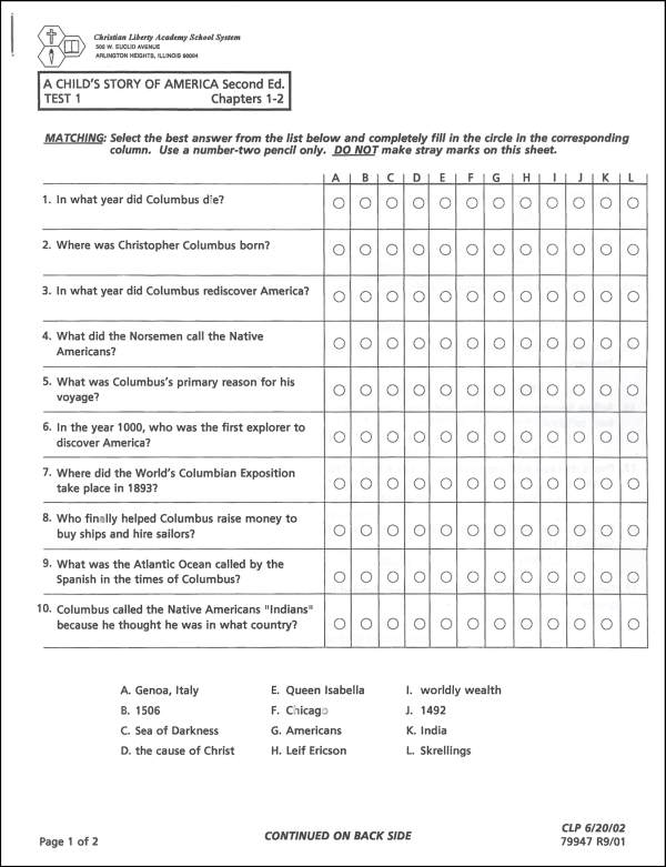 Child's Story of America Test Packet