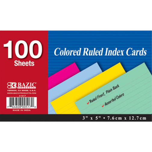 Bazic 100 Count 3 x 5 Ruled Colored Index Card