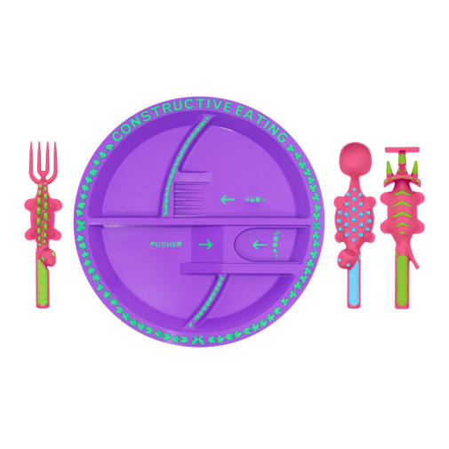 Dino Utensil Set and Dino Plate - Pink (Constructive Eating)