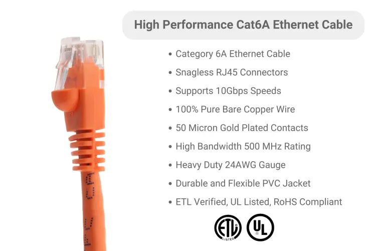 Cat6A Ethernet Patch Cable, Half-moon Boot, UTP, 20 ft, Orange