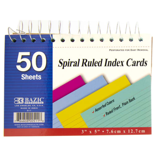 Spiral Bound 3" x 5" Ruled Colored Index Cards - 50 Count