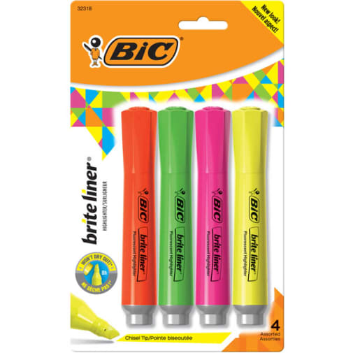 BIC Brite Liner Grip Highlighter 4 pack Chisel Tip (assorted colors)