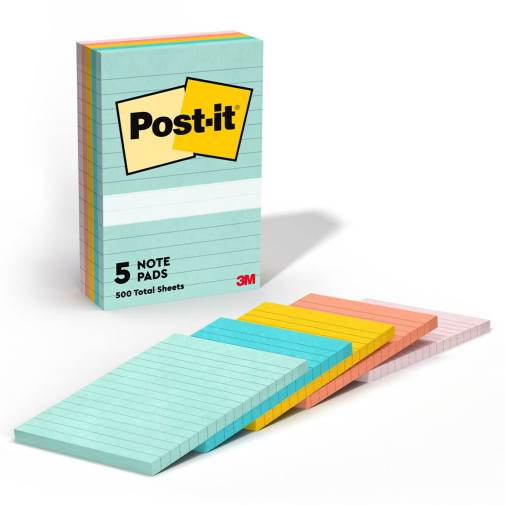 Post-It Notes Original Pads Beachside Café Collection, Note Ruled, 4"x6", 100 Sheets/Pad, 5 Pads/Pack