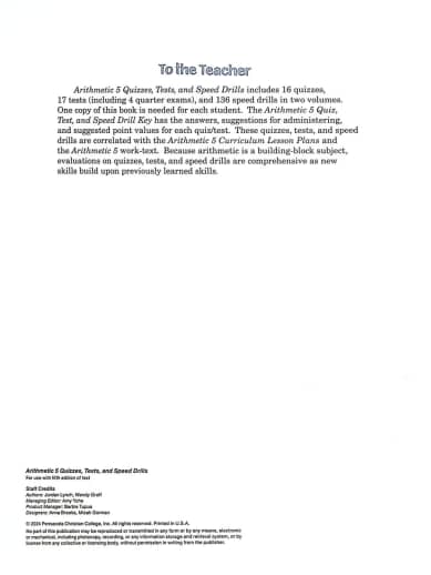 Abeka Arithmetic 5 Quizzes, Tests, and Speed Drills - Revised