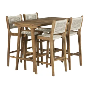 Teak Bar Table and Set of 4 Woven Rope Bar Stools