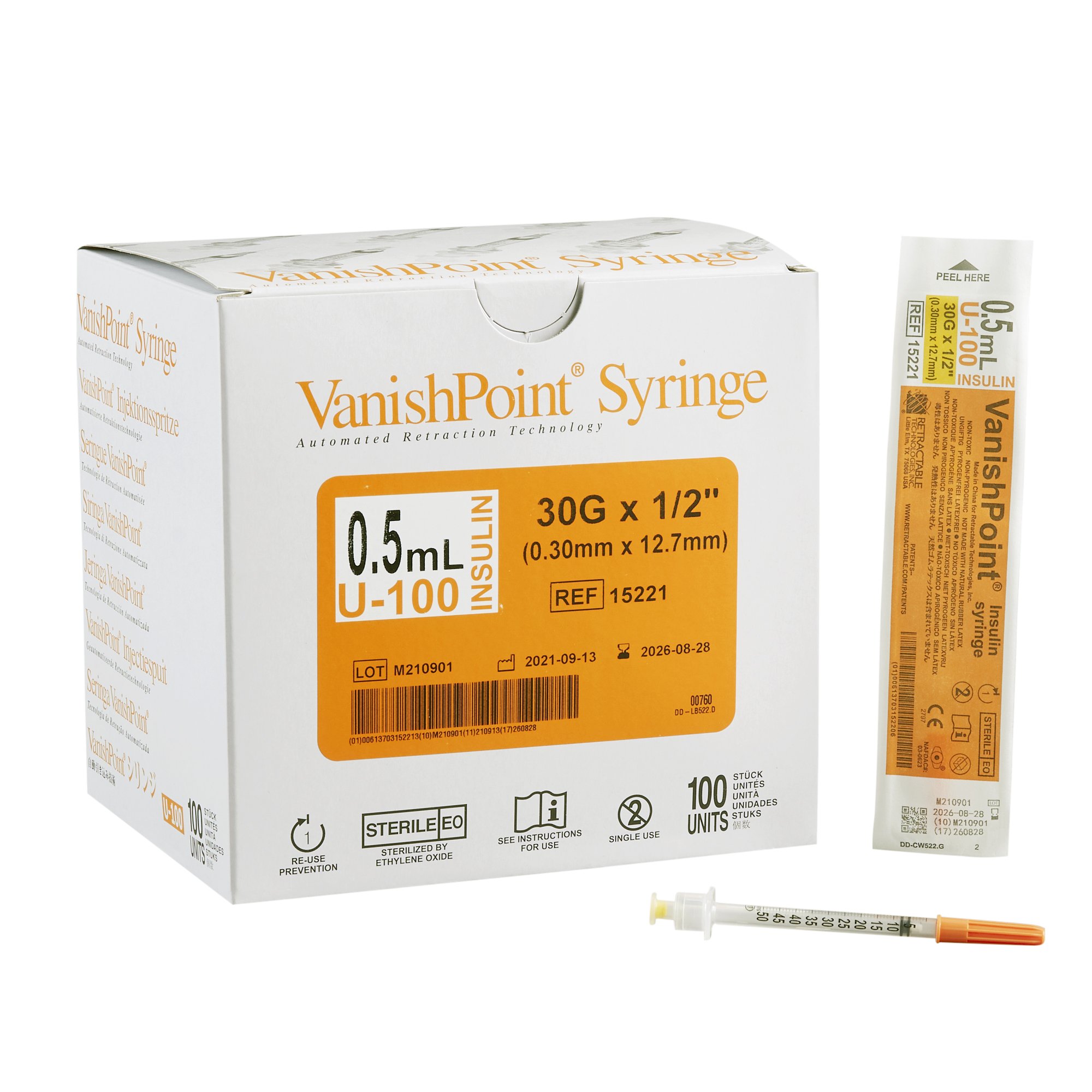 VanishPoint 0.5 mL Insulin Syringe w/ Needle, 30 Gauge, 1/2 Inch Needle Length MK 666134
