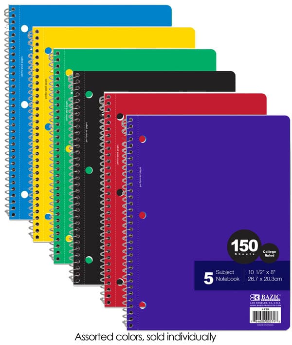 Spiral-Bound College Ruled 5-Subject Notebook 150 Sheets