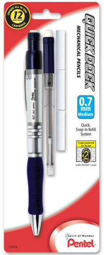 Quick Dock 0.7mm Automatic Pencil - Silver with Blue Accents + 1 Refill Cartridge + 3 Eraser Refills
